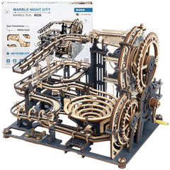 ROKR 3D wooden puzzle night city front view highlighting gear-driven marble motion