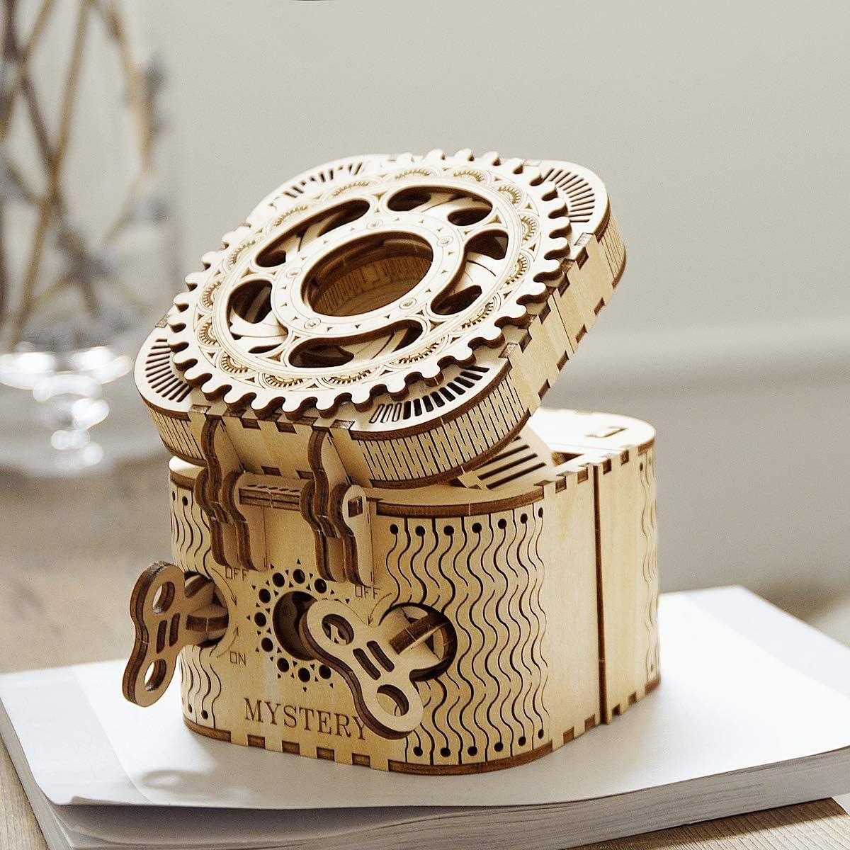 ROKR 3D wooden puzzle box close-up wood grain highlighting craftsmanship.