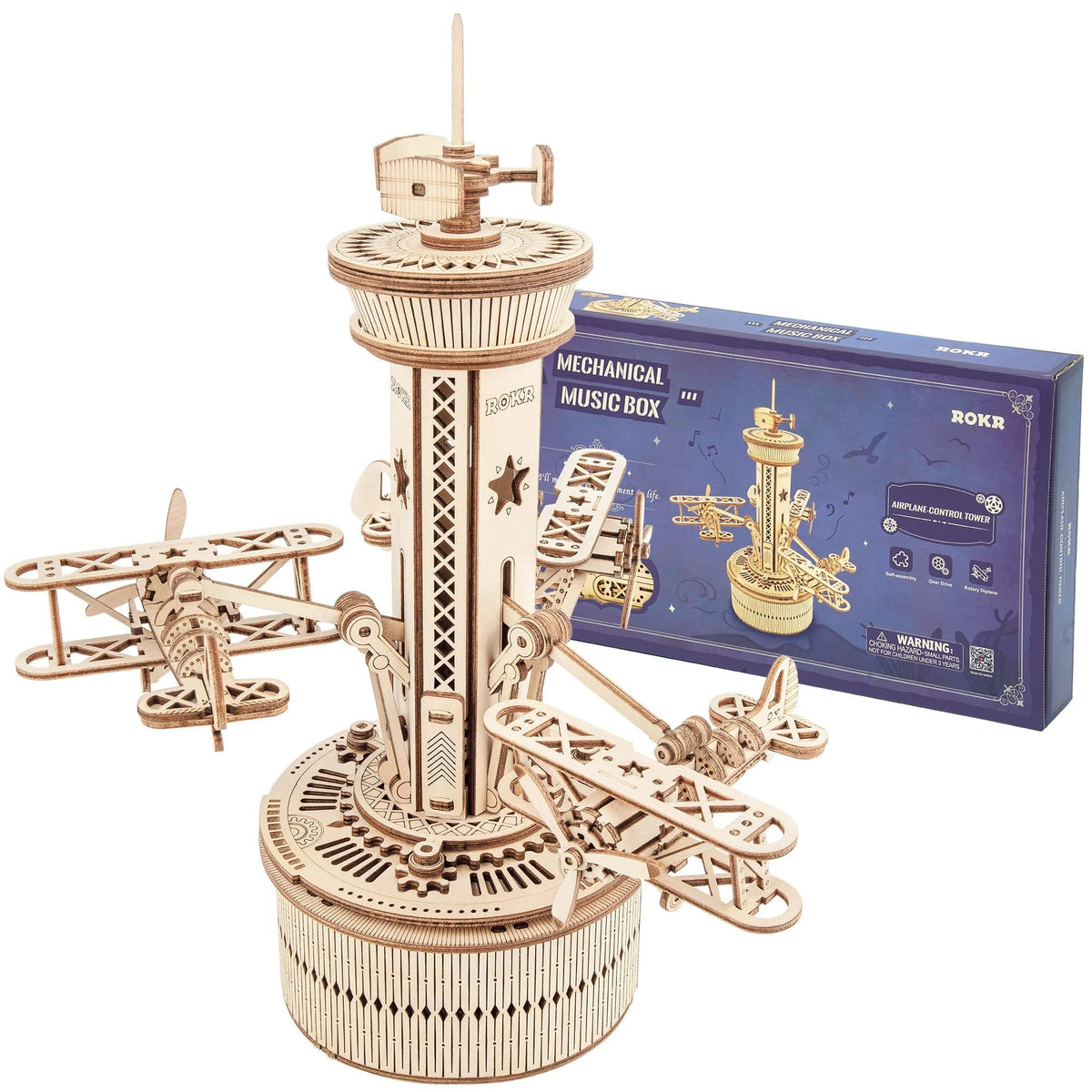 ROKR aircraft model spins around the control tower for a captivating desk centerpiece.