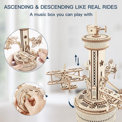ROKR airplane tower music box mechanism closeup highlights gears and turning action
