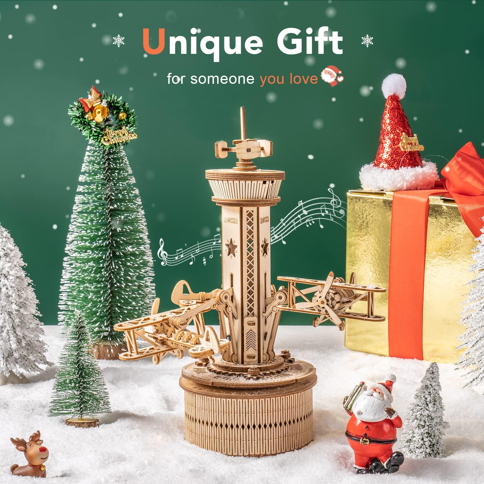 ROKR airplane tower music box windup demonstrates motion and audible charm