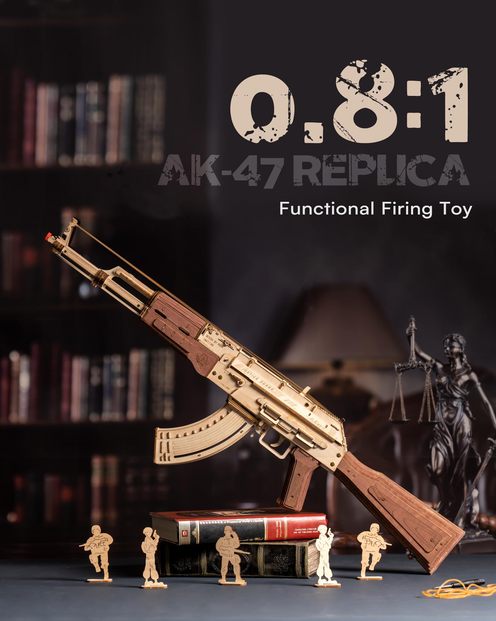 ROKR AK47 wooden model in single shot mode for focused demonstration