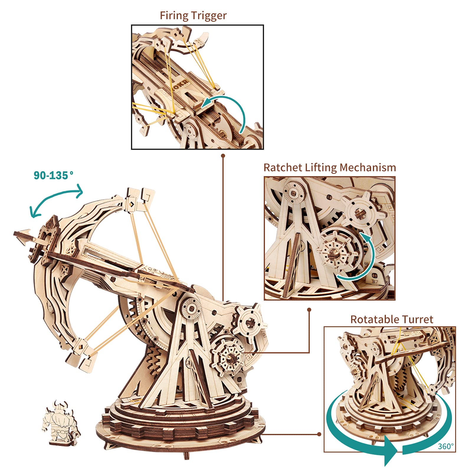 ROKR ballista launch angle adjustment gears support shots between 90 and 135 degrees.