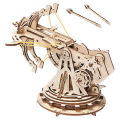 ROKR ballista launcher components set, showing pre-cut wood sheets for easy at-home assembly.