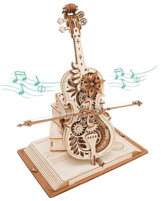 ROKR Cello 3D puzzle base view shows gears; ideal desk display and conversation starter.