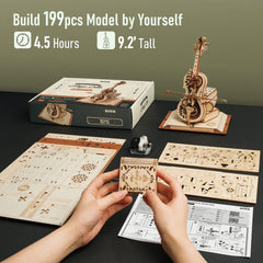 ROKR Cello 3D puzzle music movement shows wind-up mechanism adding animation and sound.