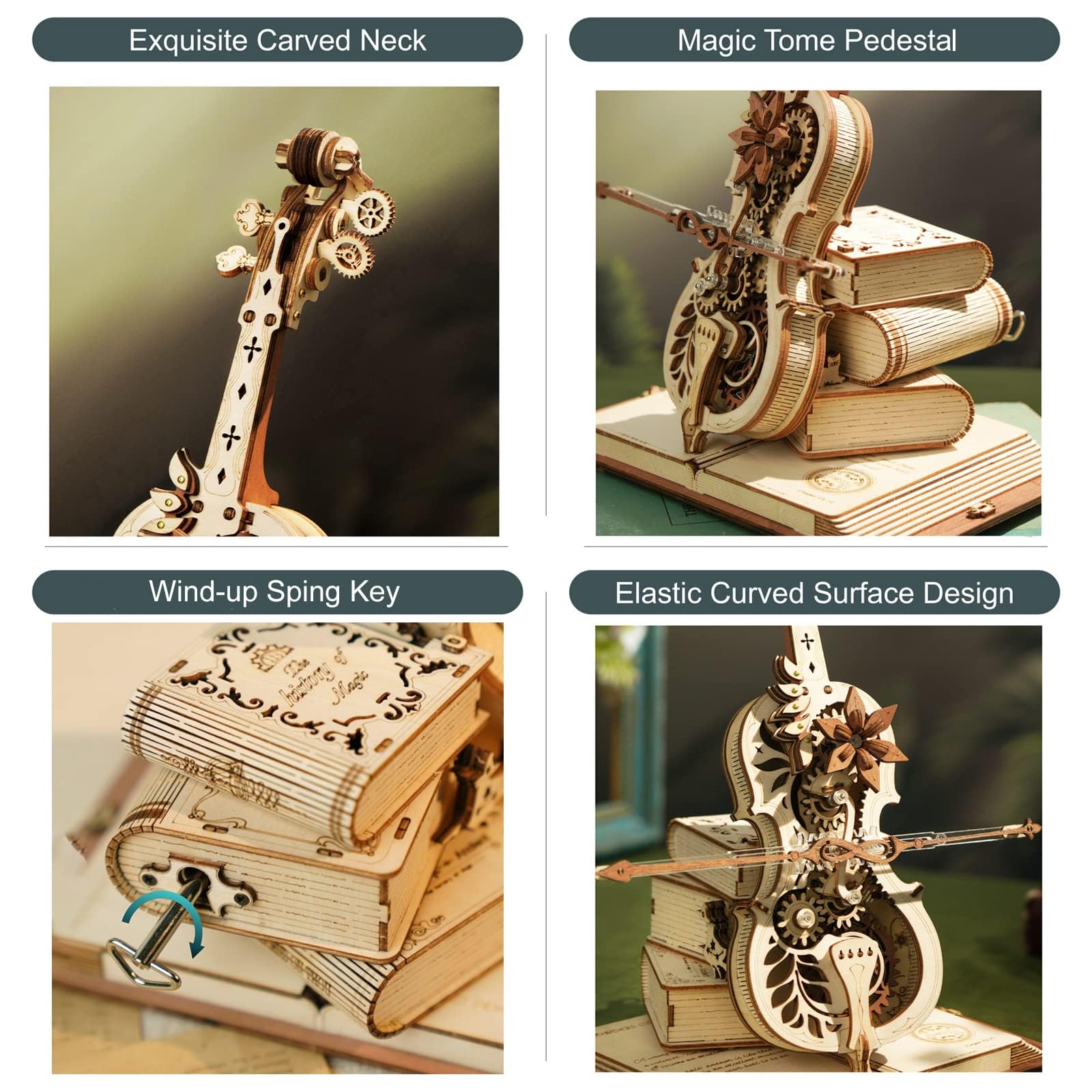 ROKR Cello 3D puzzle package includes manual and parts for a smooth, glue-free build.