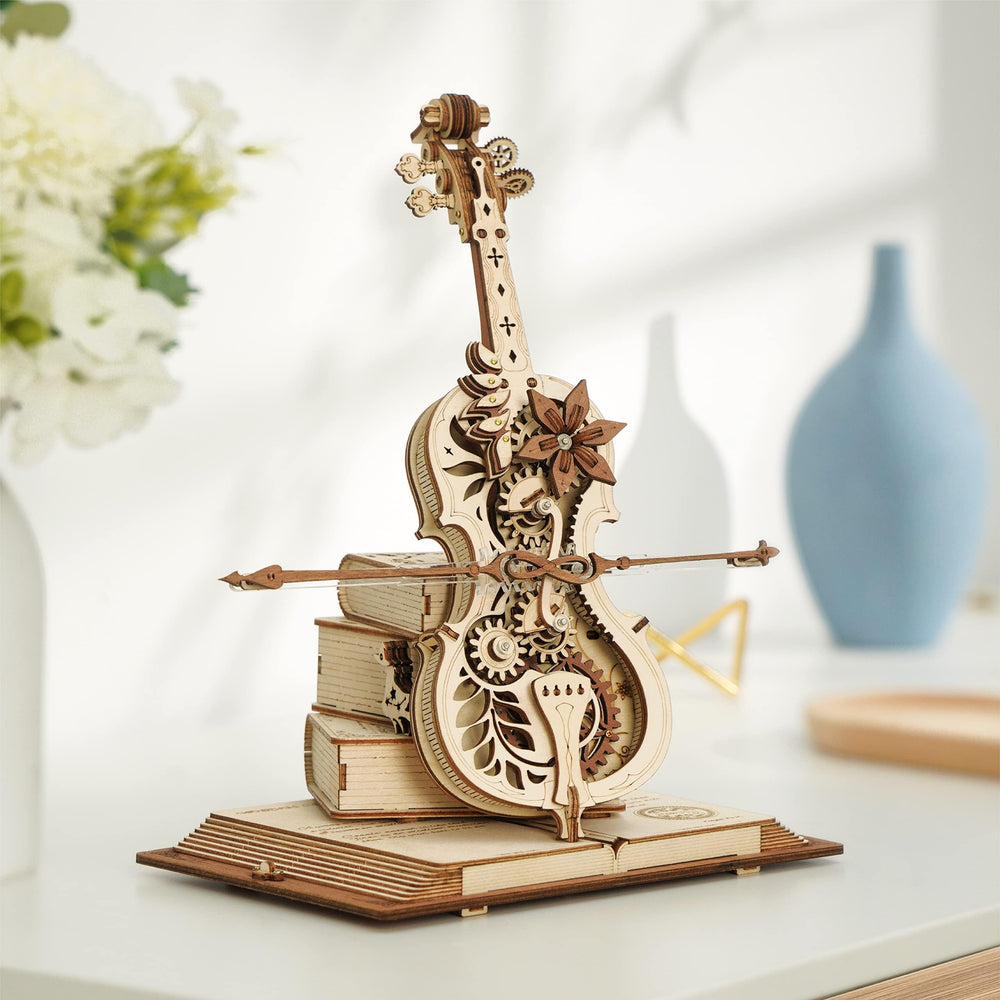 ROKR Cello 3D puzzle wind-up bow demonstrates kinetic play and expressive display.
