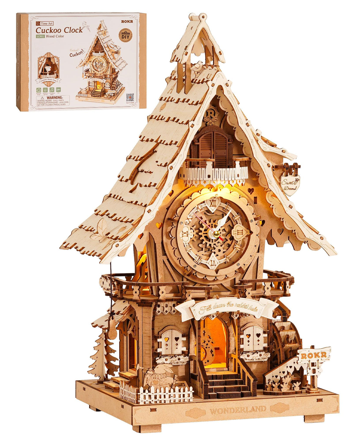 ROKR cuckoo clock puzzle front view shows intricate engravings and a cozy decor focal point