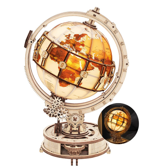 ROKR illuminated globe puzzle on wooden stand with LED light for warm ambience.