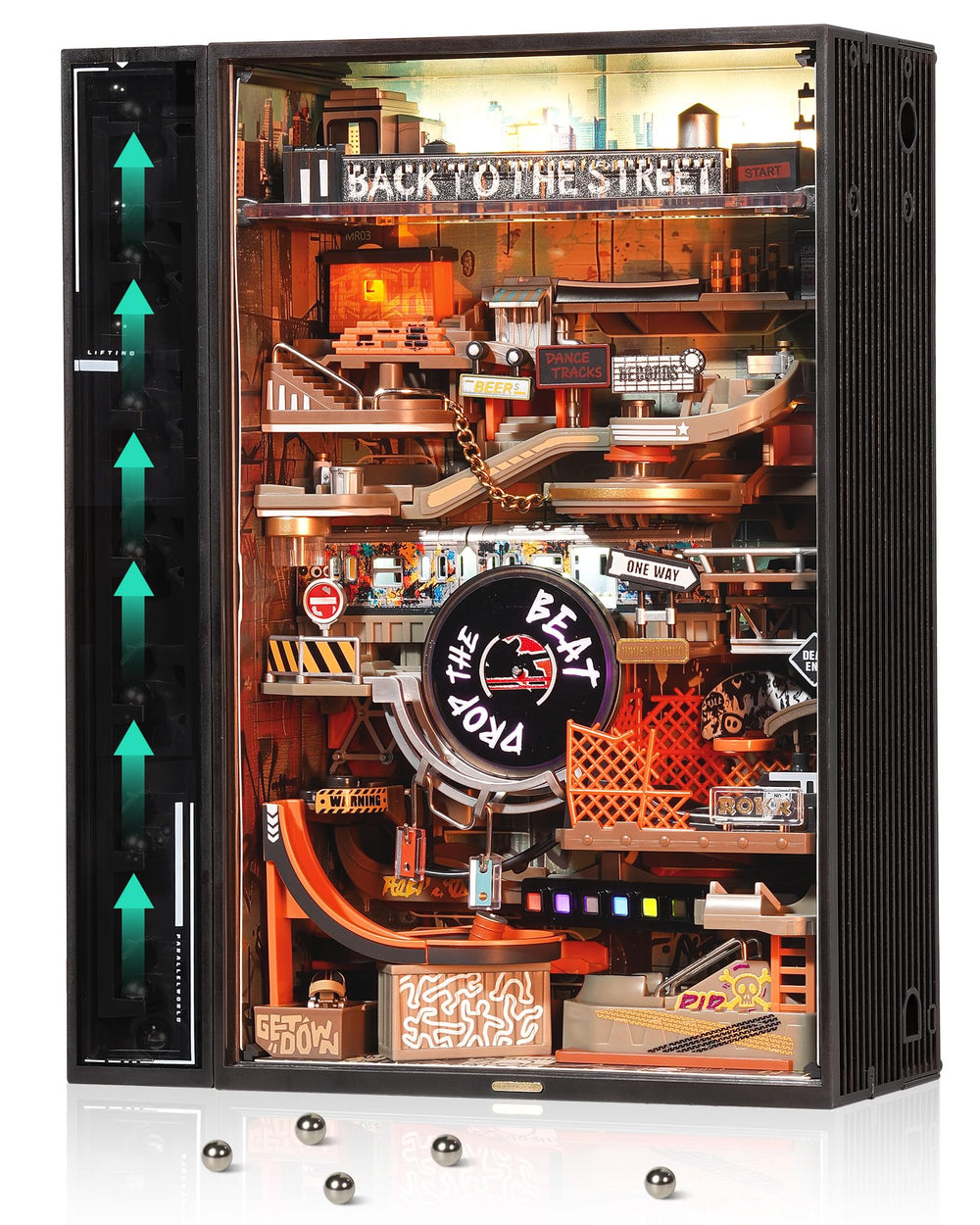 ROKR Marble Run city module showcases cyberpunk style for eye-catching desk decor.