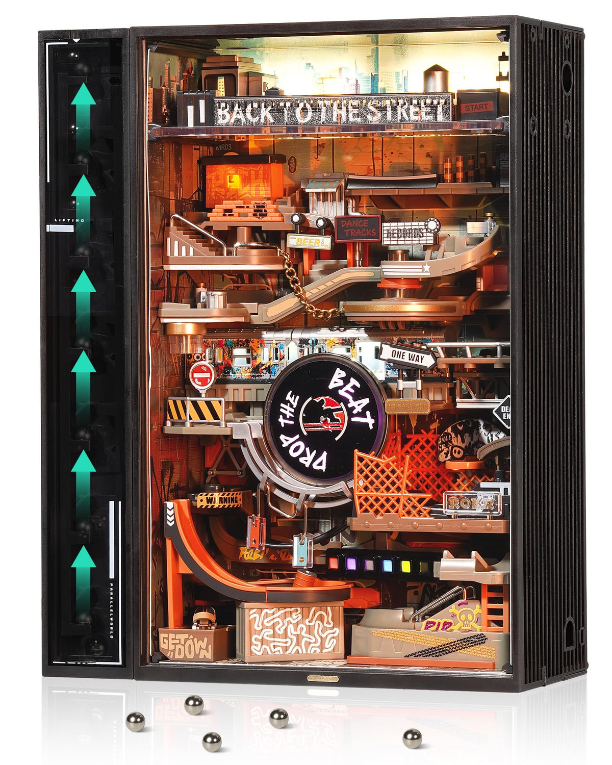 ROKR Marble Run city module showcases cyberpunk style for eye-catching desk decor.