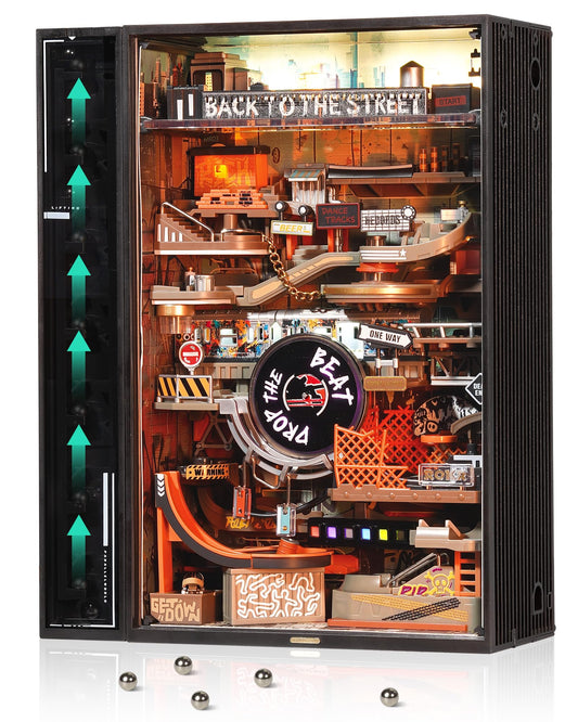 ROKR Marble Run city module showcases cyberpunk style for eye-catching desk decor.