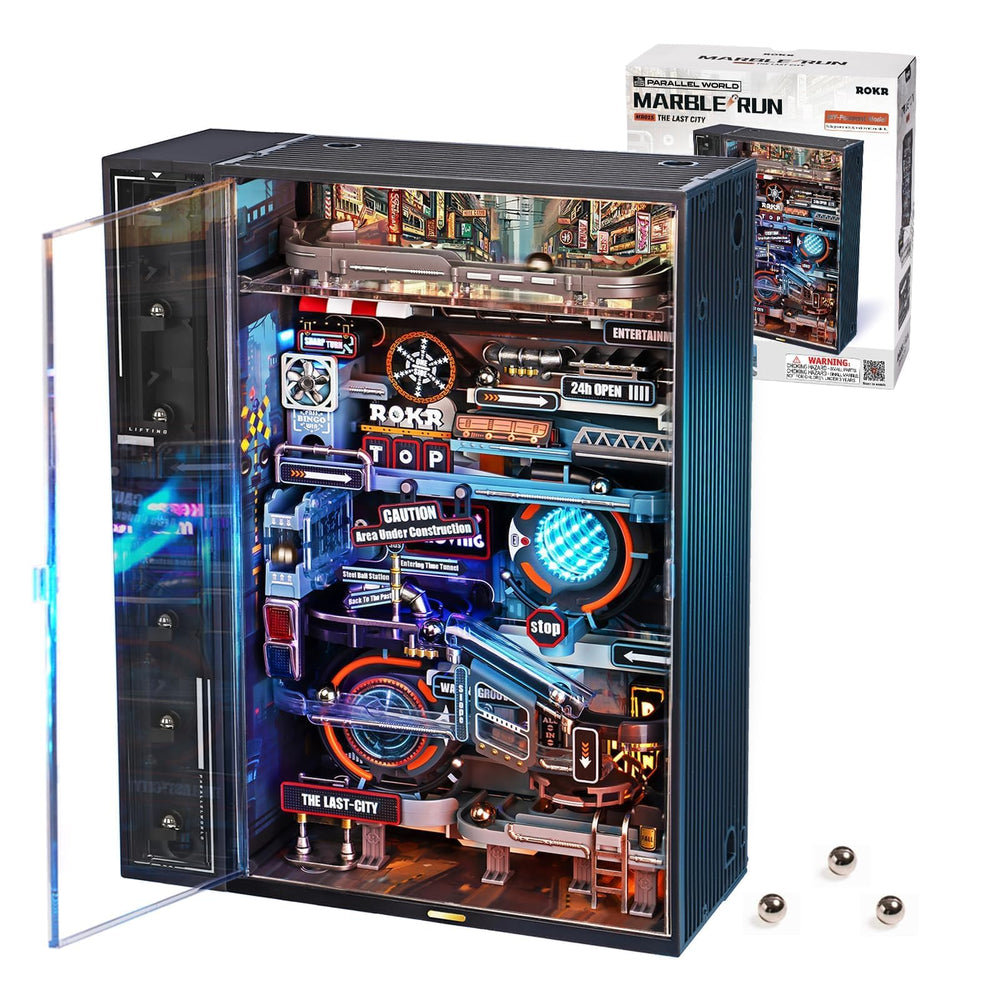 ROKR marble run kit assembly shows precise parts and methodical progress for concentration.