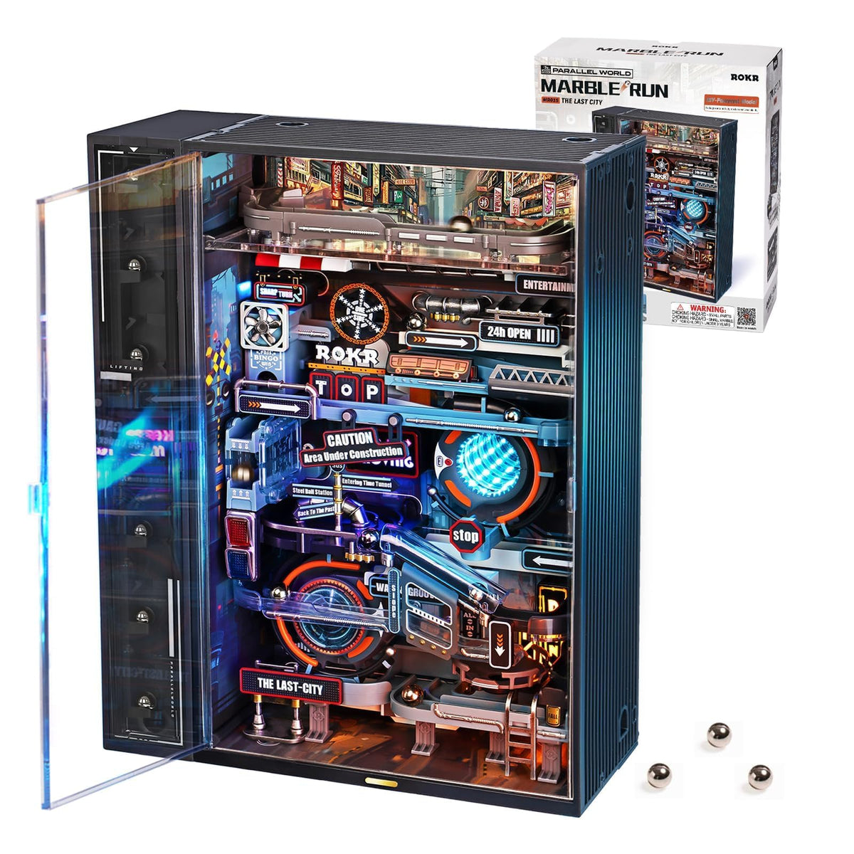ROKR marble run kit assembly shows precise parts and methodical progress for concentration.