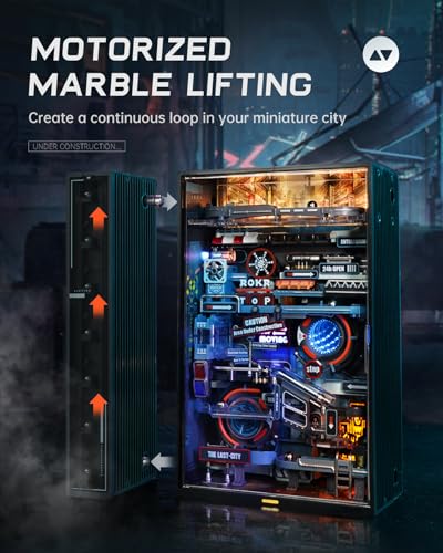 ROKR marble run kit in action features the marble lift and lighting.