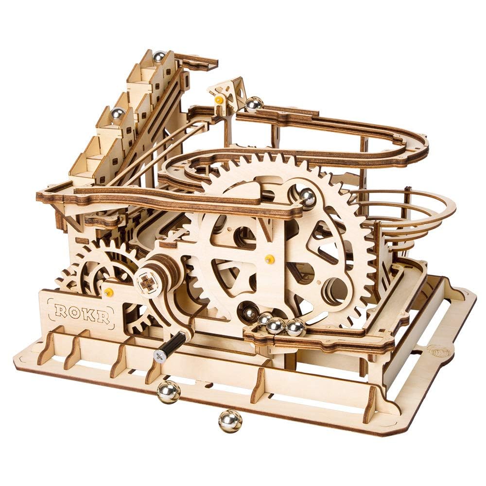ROKR marble run waterwheel lifter demonstrates dynamic motion for desk display