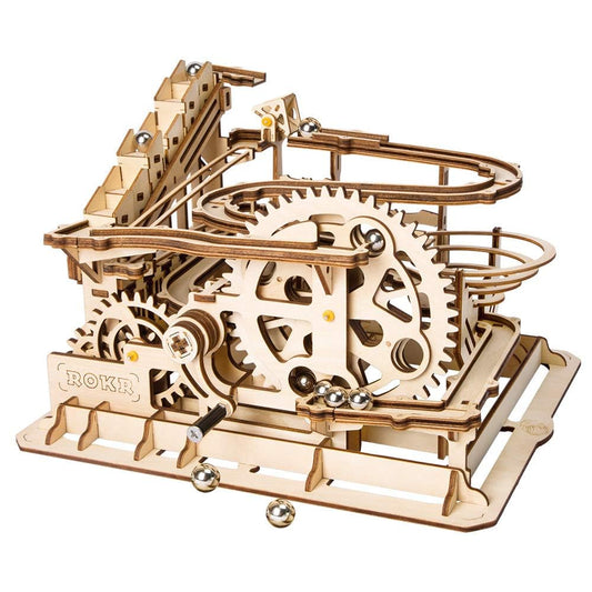 ROKR marble run waterwheel lifter demonstrates dynamic motion for desk display