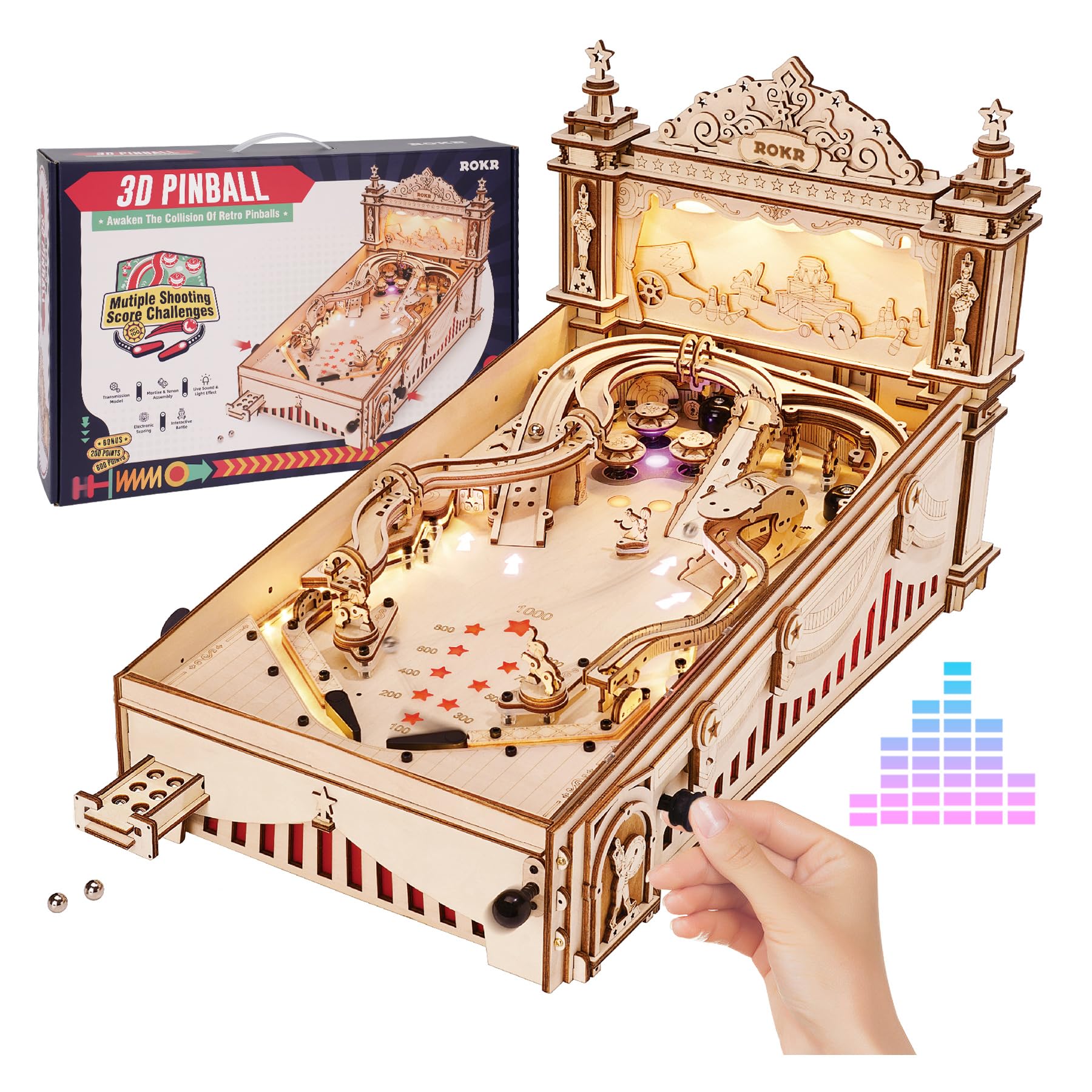 ROKR Miniature Pinball Machine with laser-cut pieces for precise assembly and focused play.