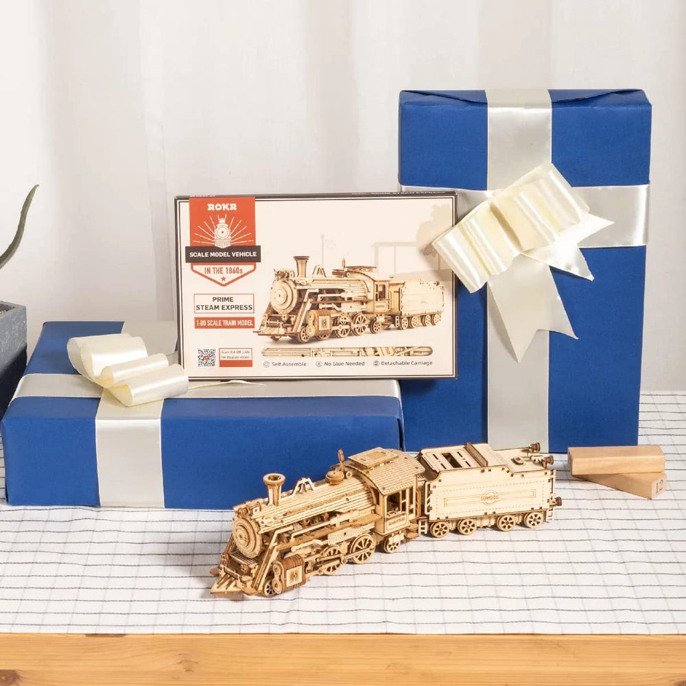 ROKR completed wooden model car kit on display at desk