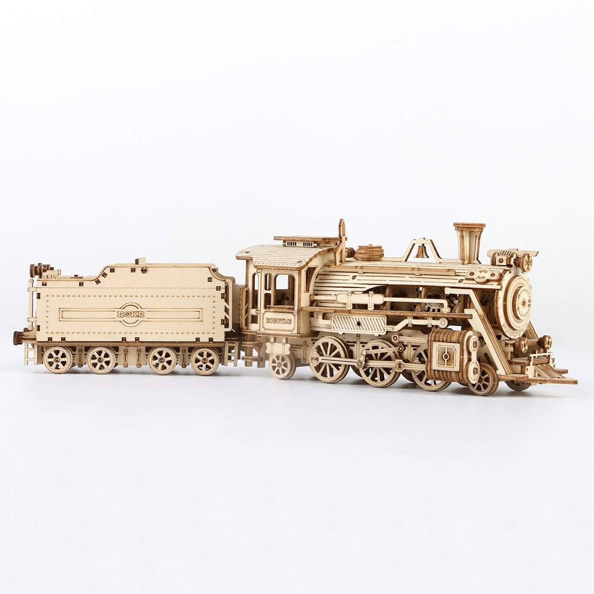 Natural wood grain finish on ROKR train model highlights craftsmanship.