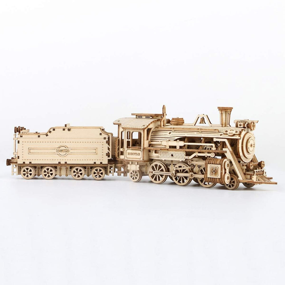 Natural wood grain finish on ROKR train model highlights craftsmanship.