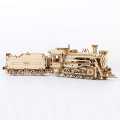 Natural wood grain finish on ROKR train model highlights craftsmanship.