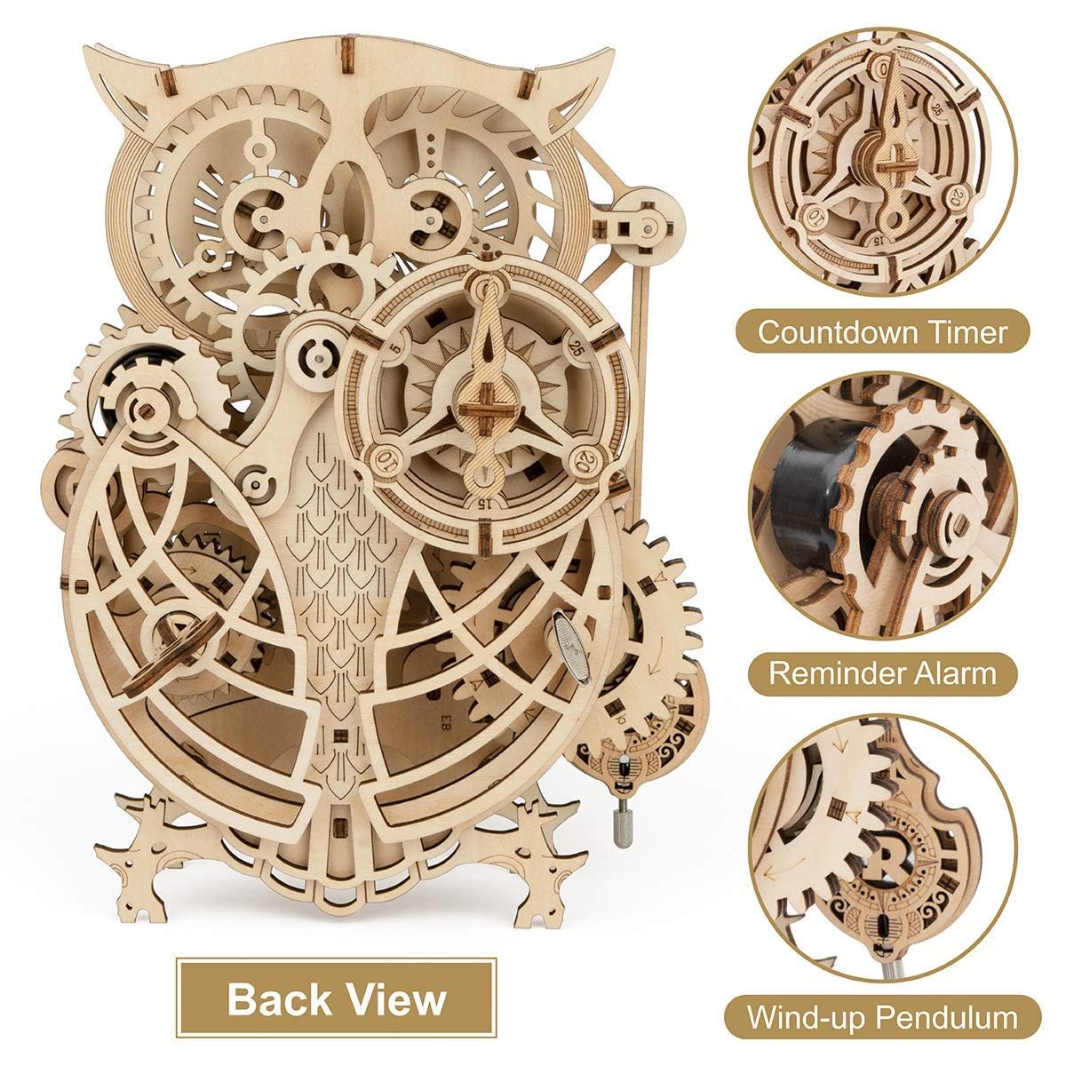 ROKR Owl Clock timer back features a 30-minute wind-up timer for daily tasks.
