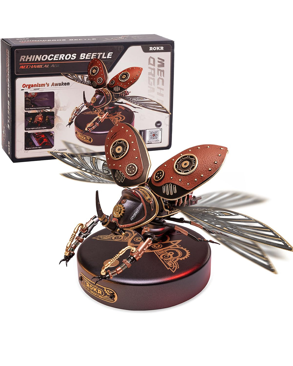 ROKR Rhinoceros Beetle base shows intricate metal parts for a striking desk display