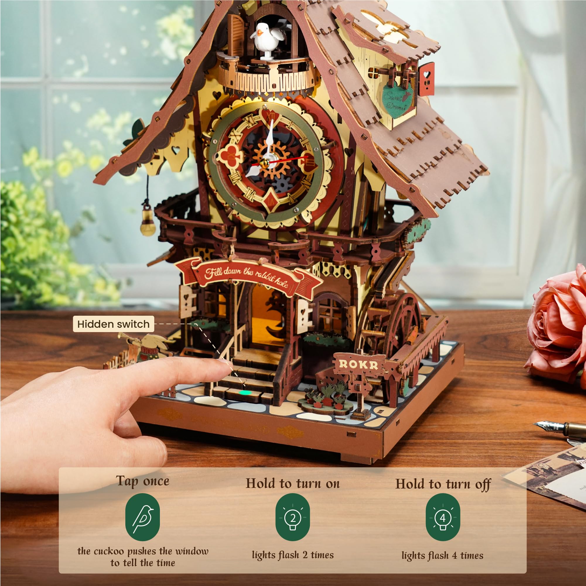 ROKR roman clock dial with beam offers nostalgic timekeeping aesthetics.
