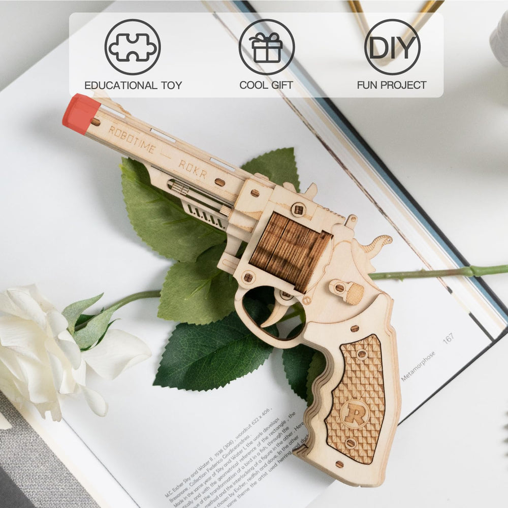 ROKR rubber band gun wooden kit being assembled, ideal for hands-on learning