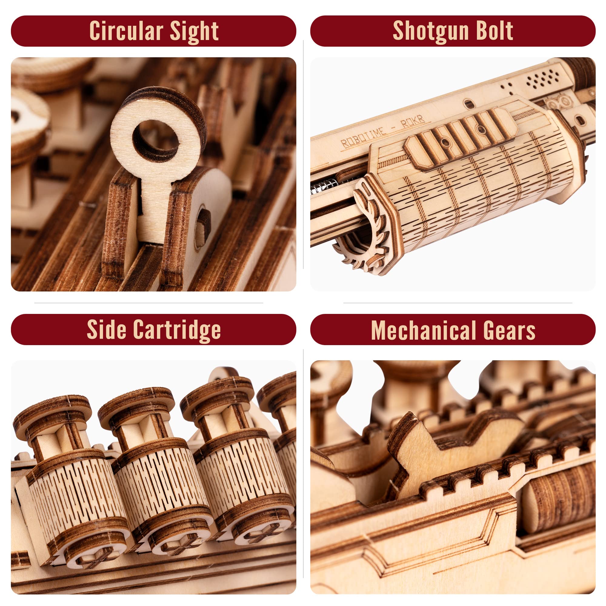 ROKR rubber-band gun wood pieces close-up with tight tolerances