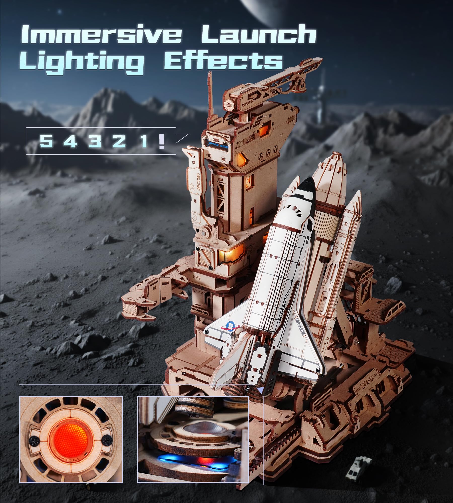 ROKR space-shuttle-led-launch-effects illuminate the shuttle with ignition visuals.