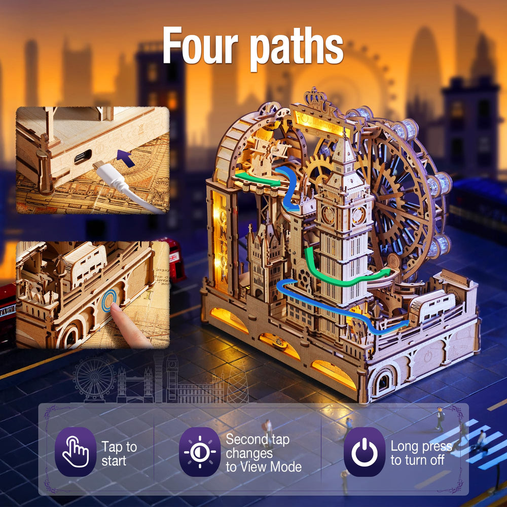 ROKR Tower Bridge lift in action demonstrates interactive engineering within a wooden model.
