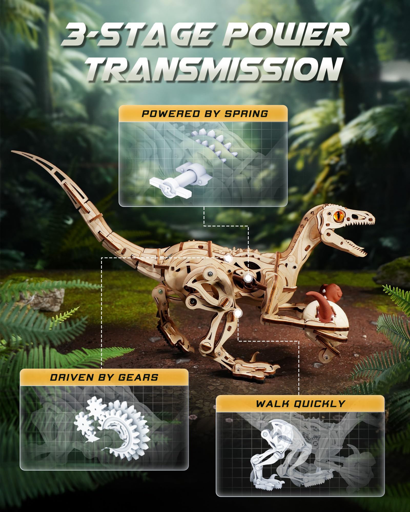 ROKR Velociraptor laser-cut pieces enable precise assembly.