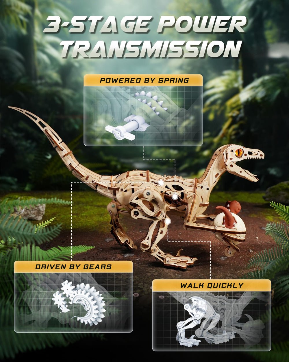 ROKR Velociraptor laser-cut pieces enable precise assembly.