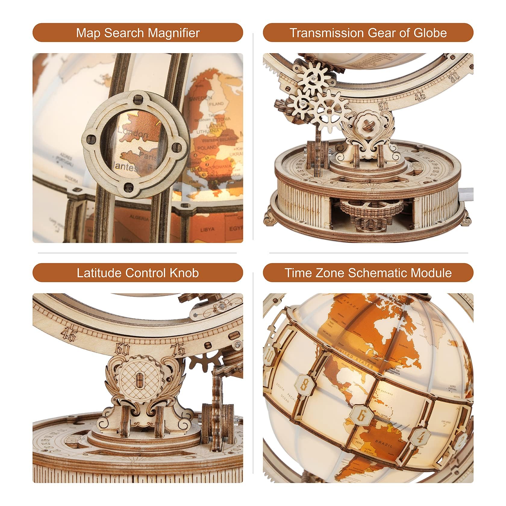ROKR wooden base supports the globe with sturdy, decorative craftsmanship.