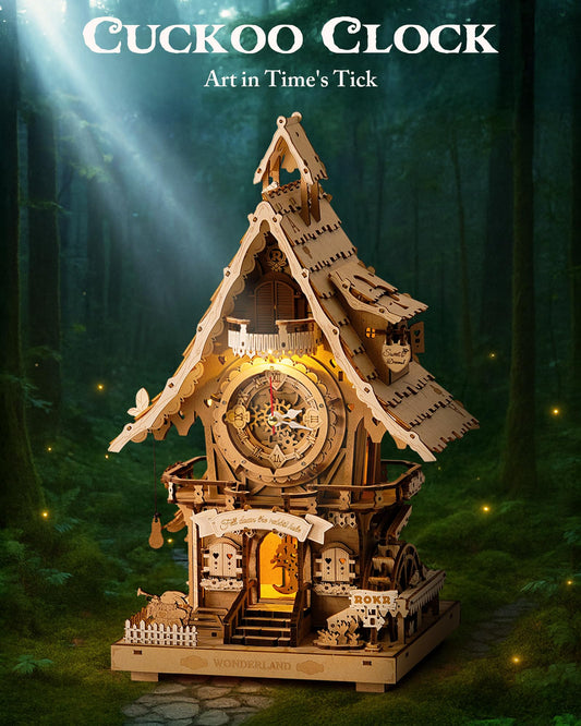 ROKR wooden clock model kit midsection highlights precise gearwork and warm vintage ambiance