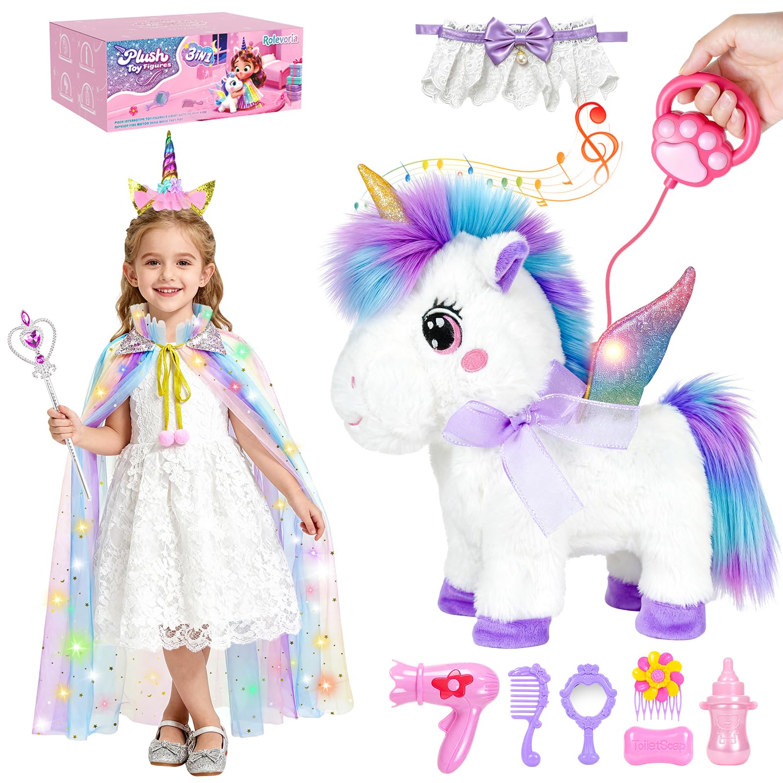 Rolevoria unicorn toy walking with lights and motion for imaginative play