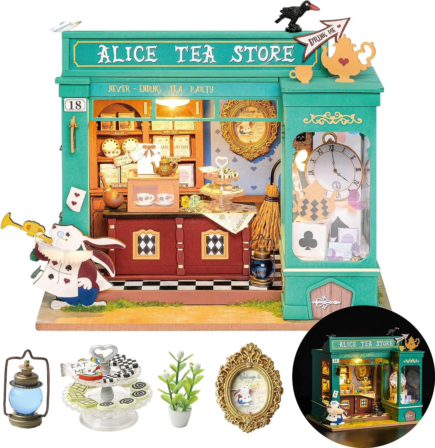 Rolife Alice's Tea Store miniature house front view, ideal as a decorative shelf display.