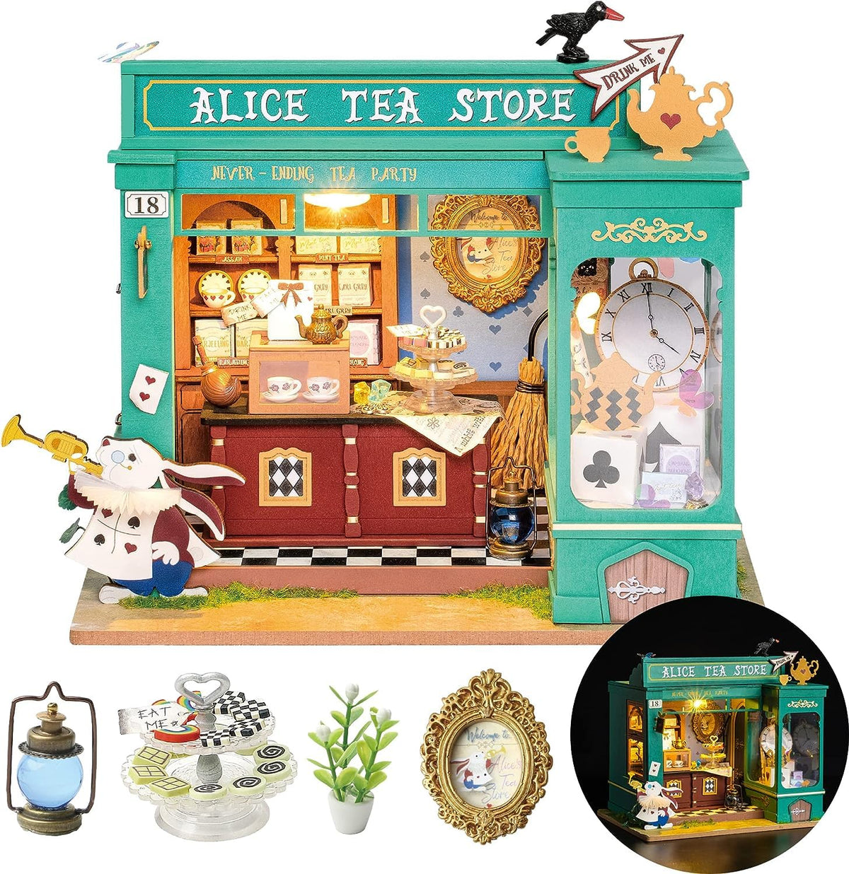 Rolife Alice's Tea Store miniature house front view, ideal as a decorative shelf display.