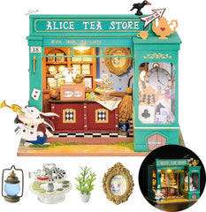 Rolife Alice's Tea Store miniature house front view, ideal as a decorative shelf display.