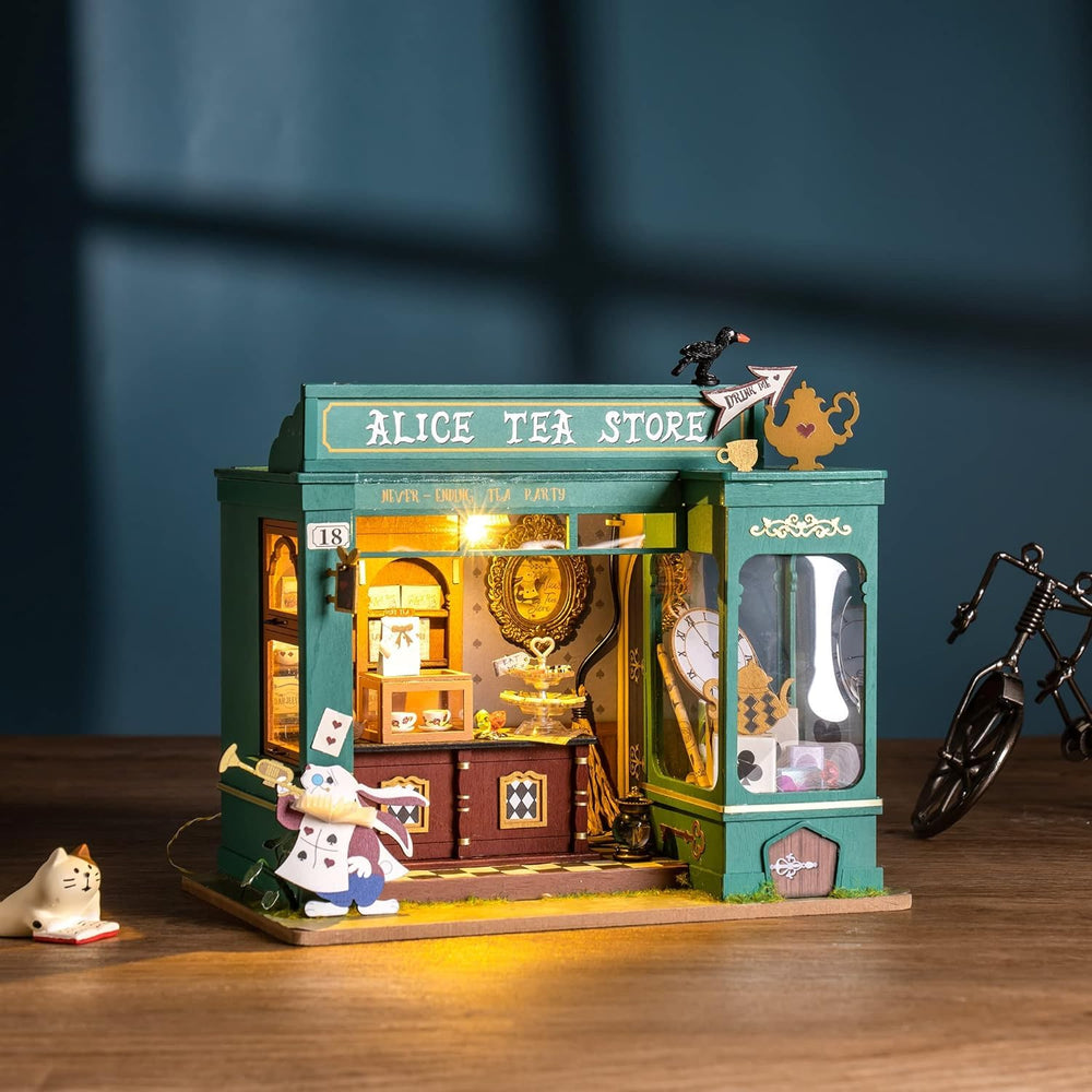 Rolife Alice's Tea Store interior detail showing tiny furniture for inspiration.
