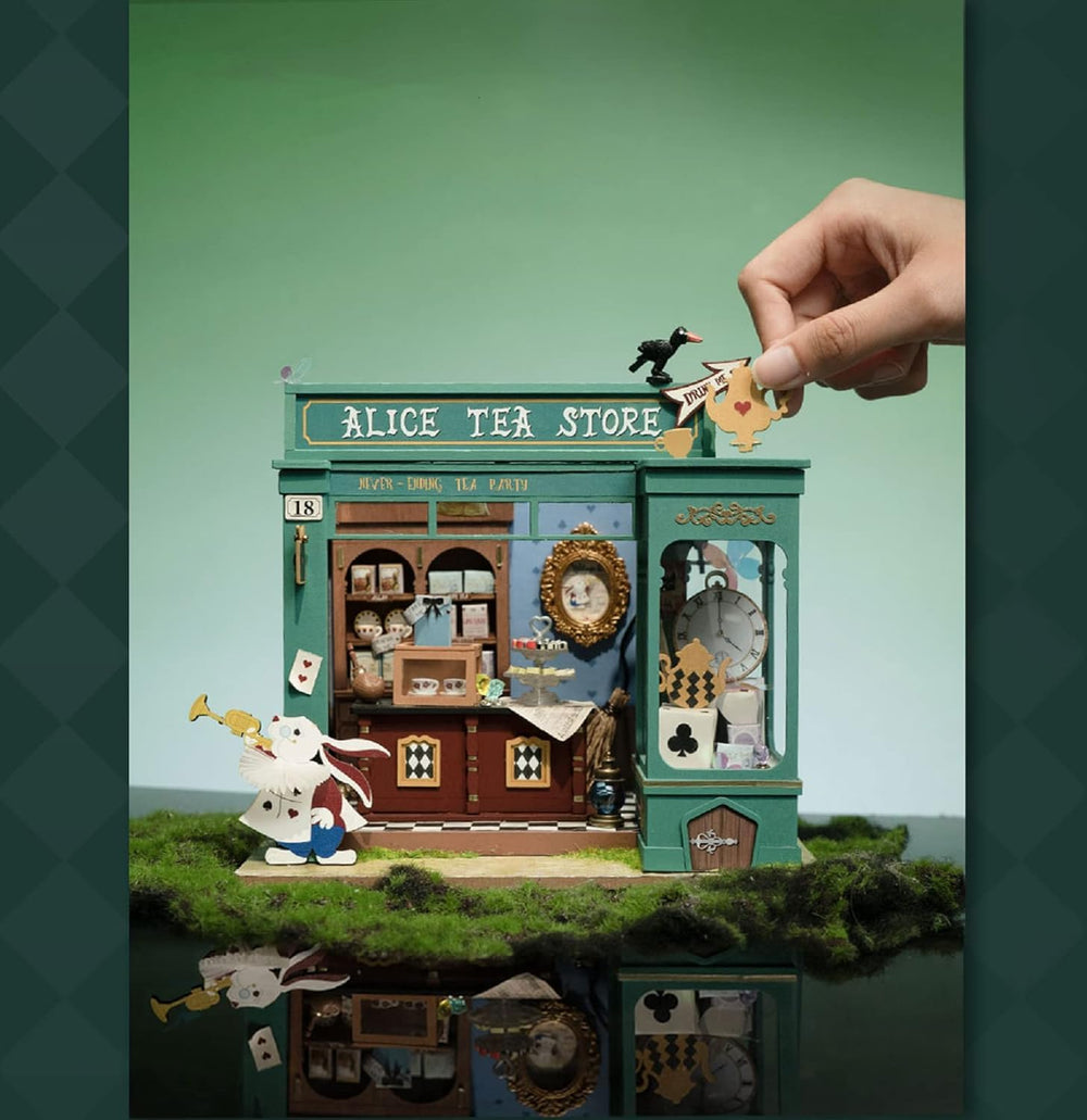 Rolife Alice's Tea Store wooden pieces close-up for tactile crafting inspiration.