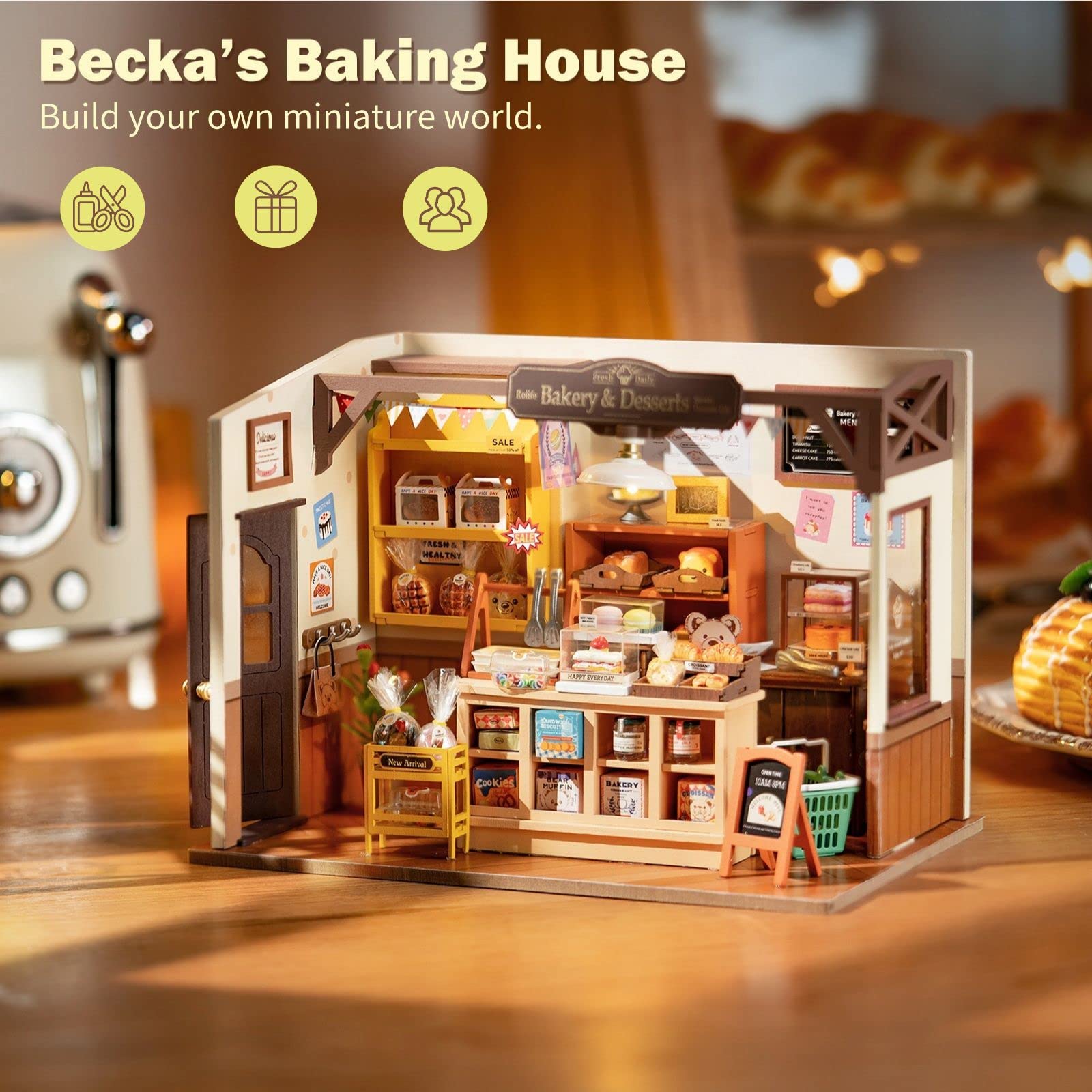 Rolife Becka's Bakery shelves filled with breads and donuts for realism.