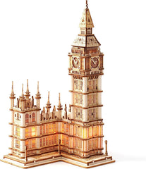 Rolife Big Ben puzzle assembly preview showing intricate wooden pieces for hands-on building