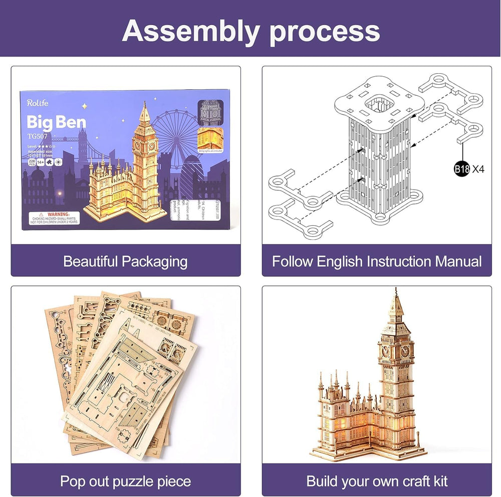 Rolife Big Ben puzzle on a desk display setup suitable for home or office decor