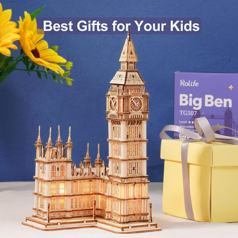 Rolife Big Ben puzzle laser sheets displaying precise plywood panels ready for assembly