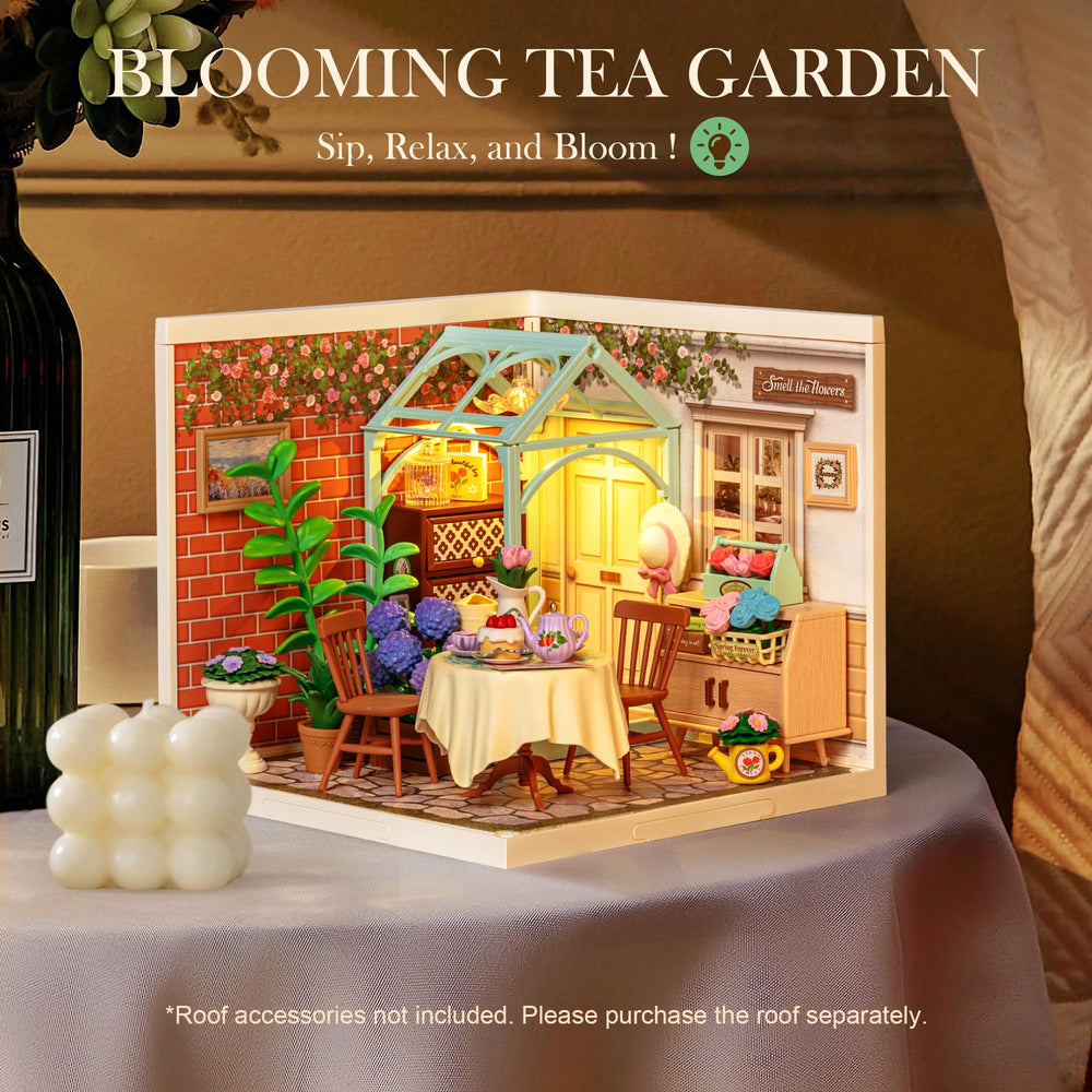 Rolife Blooming Tea Garden tea setup close-up, featuring detailed flowers for inspiration.