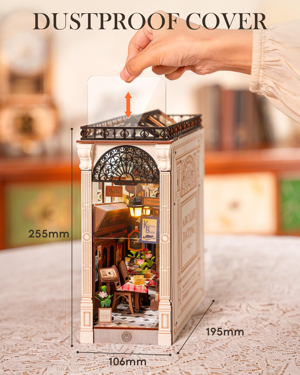 Rolife book nook dust cover protects delicate details